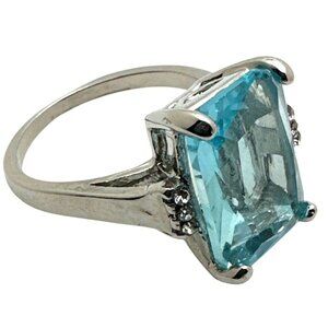 Blue Aquamarine Ring Emerald Cut Size 6.25 White 10k Gold Plating CZ Accents